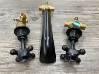 PAIR OF BLACK WALL MOUNTED TRADITIONAL CROSSHEAD STOP TAPS WITH BASIN SPOUT - RRP £245: LOCATION - R2