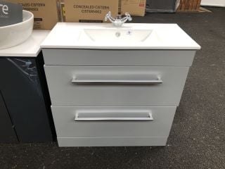 (COLLECTION ONLY) FLOOR STANDING 2 DRAWER SINK UNIT IN MATT PEARL GREY WITH A 810 X 400MM 1TH CERAMIC BASIN COMPLETE WITH A TRADITIONAL CROSSHEAD MONO BASIN MIXER TAP & CHROME SPRUNG WASTE - RRP £780