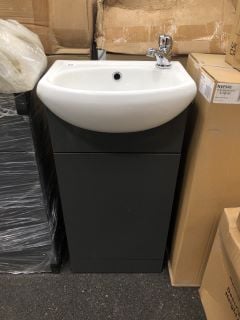 (COLLECTION ONLY) FLOOR STANDING 1 DOOR SEMI RECESSED CLOSET SINK UNIT IN MATT GREY WITH A 400 X 300MM 1TH CERAMIC BASIN COMPLETE WITH A MONO BASIN MIXER TAP & CHROME SPRUNG WASTE - RRP £655: LOCATIO