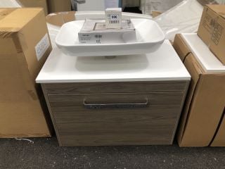 (COLLECTION ONLY) VITRA M-LINE WALL HUNG 1 DRAWER COUNTERTOP SINK UNIT IN DARK ELM 720 X 420MM WITH A CERAMIC VESSEL BASIN COMPLETE WITH A WALL MOUNTED 3 HOLE BASIN MIXER IN CHROME WITH SPRUNG WASTE