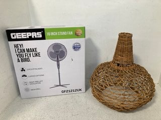 NKUKU BERU RATTAN LAMP SHADE TO INCLUDE GEEPAS 16" STANDING FAN IN GREY- MODEL NO GF21212UK: LOCATION - WA5