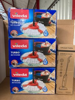 3 X VILEDA TURBO 2-IN-1 MICROFIBRE MOP SETS TO INCLUDE RUSSELL HOBBS STEAM & CLEAN STEAM MOP: LOCATION - A16