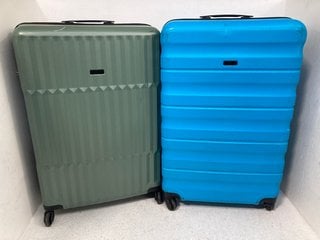 JOHN LEWIS & PARTNERS SET OF 3 ASSORTED SIZED HARD SHELL SUITCASES IN GREEN TO ALSO INCLUDE JOHN LEWIS & PARTNERS 4 WHEELED HARD SHELL SUITCASE IN BLUE: LOCATION - A8