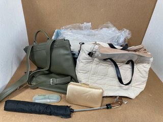 QTY OF ASSORTED WOMENS ACCESSORIES TO INCLUDE JOHN LEWIS & PARTNERS SATCHEL BACKPACK IN KHAKI GREEN: LOCATION - A5