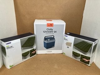 2 X OUTWELL EXCELLENT DOUBLE CAMPING AIRBEDS TO ALSO INCLUDE EASY CAMP CHILLY 12V/230V 24 COOL BOX IN NAVY: LOCATION - A4