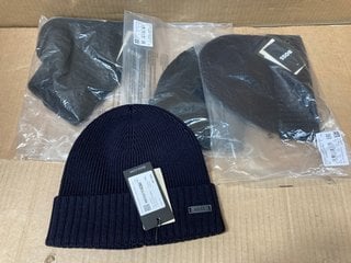 4 X HUGO BOSS MENS COTTON BEANIE HATS IN DARK BLUE - ONESIZE - COMBINED RRP £236: LOCATION - B2