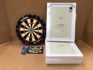 QTY OF M&S A3 POSTER 11" X 16" PICTURE FRAMES IN WHITE TO INCLUDE WINMAU BLADE 6 TRIPLE CORE CARBON DART BOARD: LOCATION - B5