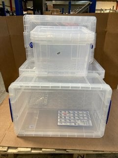 QTY OF OPAQUE PLASTIC STORAGE BOXES IN VARIOUS SIZES: LOCATION - B10