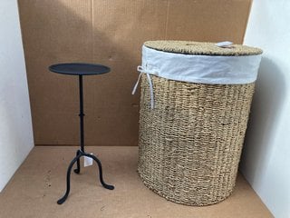 THE WHITE COMPANY SMALL MARTON TABLE IN BLACK TO INCLUDE THE WHITE COMPANY NATURAL SEAGRASS LAUNDRY BASKET: LOCATION - B17