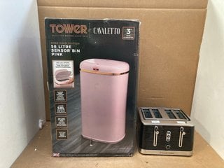 TOWER CAVALETTO ROSE GOLD EDITION 58L SENSOR BIN IN PINK TO INCLUDE RUSSELL HOBBS 4 SLOT TOASTER IN BLACK: LOCATION - C15