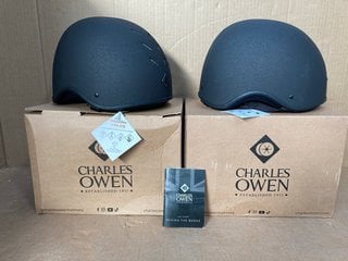 2 X CHARLES OWEN YOUNG RIDERS JOCKEY SKULL HELMETS IN BLACK - SIZE 57CM: LOCATION - C6