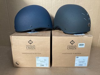 CHARLES OWEN YOUNG RIDERS JOCKEY SKULL HELMET IN BLACK - SIZE 57CM TO ALSO INCLUDE CHARLES OWEN PRO II PLUS HELMET IN NAVY - SIZE R58CM: LOCATION - C6