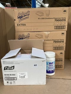 3 X BOXES OF SELPAK KATLAMA DISPENSER TOWELS TO ALSO INCLUDE BOX OF PURELL SURFACE SANITISING WIPES: LOCATION - C6