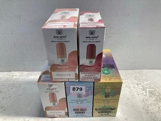 5 X BOXES OF ASSORTED VAPES TO INCLUDE BAR JUICE 5000 20MG 10ML E-LIQUIDS IN STRAWBERRY CHERRY RASPBERRY - (PLEASE NOTE: 18+YEARS ONLY. ID MAY BE REQUIRED): LOCATION - C5