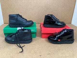 KICKERS CHILDRENS HIGH ZIP PATENT LEATHER BOOTS IN BLACK- UK SIZE 11.5 TO INCLUDE KICKERS CHILDRENS VEGAN BOOTS IN BLACK- UK SIZE 13: LOCATION - WA3