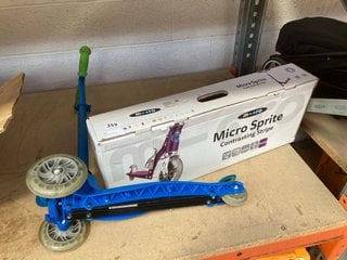 M-CRO MICRO SPRITE CONTRASTING STRIPE SCOOTER IN PINK TO INCLUDE U-MUVE NOVO KIDS 3 WHEEL SCOOTER IN BLUE/GREEN: LOCATION - AR12