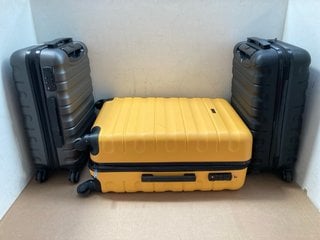 3 X JOHN LEWIS & PARTNERS CABIN/MEDIUM HARD SHELL WHEELED COMBINATION LOCK SUITCASES IN YELLOW/GRAPHITE: LOCATION - AR7