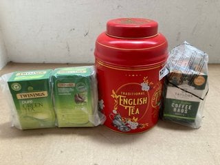 4 X ASSORTED TEA ITEMS TO INCLUDE TRADITIONAL ENGLISH 240 TEA BAGS TIN - BBE 10/24: LOCATION - AR15