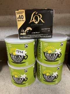 4 X TUBS OF CLIPPER 500G DECAF ORGANIC INSTANT COFFEE - BBE 3/26 TO ALSO INCLUDE BOX OF L'OR ESPRESSO RISTRETTO INTENSITY 11 COFFEE PODS - BBE 27/11/25: LOCATION - BR15