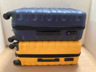 2 X JOHN LEWIS & PARTNERS MEDIUM HARD SHELL STYLE WHEELED SUITCASES IN METALLIC BLUE AND SAFFRON YELLOW: LOCATION - AR19