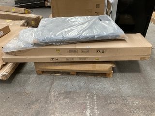 PALLET OF ASSORTED FLATPACK FURNITURE TO INCLUDE SMALL DOUBLE GREY VELVET HEADBOARD: LOCATION - A7 (KERBSIDE PALLET DELIVERY)