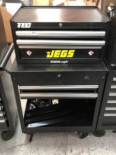 TEC JEGS TRANSLOGIC 3 DRAWER HEAVY DUTY TOOL CHEST CABINET IN BLACK TO ALSO INCLUDE 2 DRAWER HEAVY DUTY WHEELED TOOL TROLLEY IN BLACK: LOCATION - A4