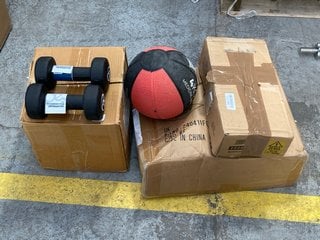 QTY OF ASSORTED EXERCISE ITEMS TO INCLUDE 2 X 5KG FITNESS MADE NEOPRENE DUMBBELLS: LOCATION - A5 (KERBSIDE PALLET DELIVERY)