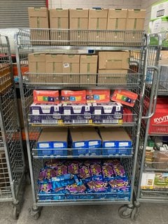 CAGE OF ASSORTED FOOD ITEMS TO INCLUDE QTY OF KELLOGG'S RICE KRISPIE TOTALLY CHOCOLATEY SQUARE BARS - BBE 4/12/24 TO ALSO INCLUDE QTY OF CADBURYS DAIRY MILK CARAMEL FREDDOS - BBE 9/10/24 - (CAGE NOT