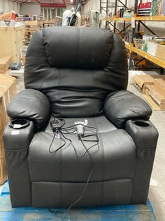 RECLINING PADDED LEATHER ARMCHAIR WITH MASSAGE AND HEAT SETTINGS IN BLACK (DAMAGED BACK): LOCATION - B3