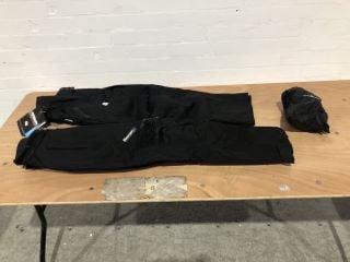 ARMR MOTO KIRA BLACK RIDING TROUSERS (SIZE 12) AND SPADA MILAN TEX BLACK RIDING TROUSERS (SIZE 12/MEDIUM) TO INCLUDE GLOBAL WARMING WATERPROOF OVER TROUSERS