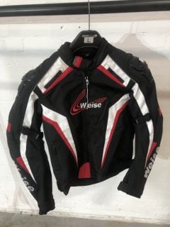 WEISE BLACK RED AND WHITE WITH BLACK PLASTIC SHOULDER PADS MOTORCYCLE JACKET (SIZE 44-L)