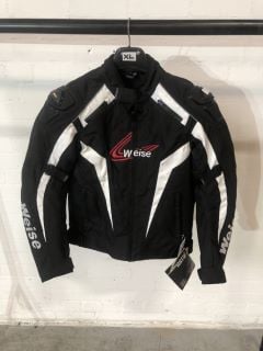 WEISE BLACK & WHITE WITH RED ACCENTS MOTORCYCLE JACKET WITH BLACK PLASTIC SHOULDER PADS (SIZE 42-M)