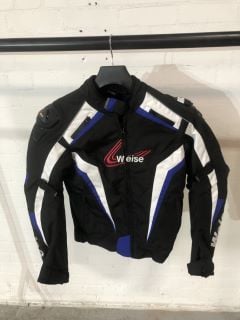 WEISE BLACK BLUE AND WHITE WITH RED ACCENTS MOTORCYCLE JACKET WITH BLACK PLASTIC SHOULDER PADS (SIZE 44-L)