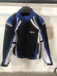 WEISE BLUE BLACK & WHITE WITH GREY AND RED ACCENTS MOTORCYCLE JACKET (SIZE L)