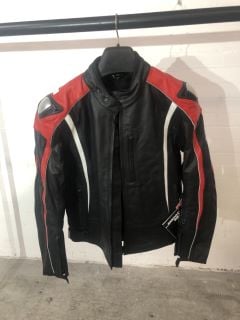 BUFFALO BLACK WHITE AND RED MOTORCYCLE JACKET WITH AIR FLOW SYSTEM & METAL SHOULDER PADS (SIZE 42)