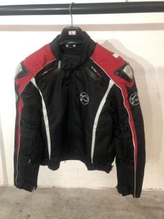 BUFFALO BLACK WHITE AND RED MOTORCYCLE JACKET WITH AIR FLOW SYSTEM & METAL SHOULDER PADS (SIZE 44-L)