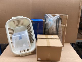 QTY OF ASSORTED HOUSE HOLD ITEMS TO INCLUDE LARGE PLASTIC LAUNDRY BASKET IN WHITE , RUSSELL HOBBS STEAM AND CLEAN LIGHTWEIGHT STEAM MOP: LOCATION - A6