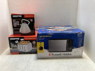 3 X ASSORTED KITCHEN APPLIANCES TO INCLUDE GEEPAS CORDLESS KETTLE AND GEEPAS 4 SLICE BREAD TOASTER: LOCATION - A8