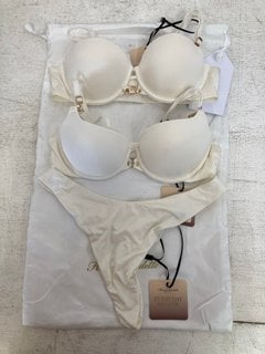 HONEY BIRDETTE PU BALCONETTE CLOUD DANCER BRA AND PANT SET IN CREAM SIZE: 32B AND XS RRP - £110: LOCATION - WHITE BOOTH