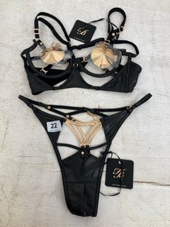 HONEY BIRDETTE OPEN CUP BRA AND STRING THONG IN BLACK/GOLD SIZE: XS AND 32B RRP - £220: LOCATION - WHITE BOOTH