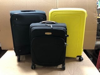 3 X ASSORTED SIZED HARD/SOFT SHELL LUGGAGE CASES IN BLACK AND YELLOW: LOCATION - A16