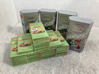 QTY OF ASSORTED CONSUMABLE ITEMS TO INCLUDE PACKS OF LINDT CLASSIC RECIPE VEGAN HAZELNUT CHOCOLATE BARS 100G BB: 09/24 (SOME ITEMS MAY BE PAST SELL BY): LOCATION - B1