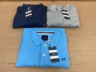 3 X ASSORTED CREW CLOTHING COMPANY CLOTHING TO INCLUDE 2 X FRENCH RIB HALF ZIP PULLOVERS IN NAVY AND GREY SIZE: L AND CLASSIC PIQUE POLO SHIRT IN LIGHT BLUE SIZE: L RRP - £170: LOCATION - C14