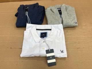 3 X ASSORTED CREW CLOTHING COMPANY CLOTHING TO INCLUDE 2 X FRENCH RIB HALF ZIP PULLOVERS IN NAVY AND GREY SIZE: XL AND CLASSIC PIQUE POLO SHIRT IN WHITE SIZE: XL RRP - £170: LOCATION - C14