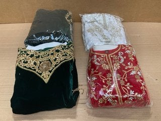 BOX OF WOMENS EMBROIDERED PATTERN DRESS PACKS IN VARIOUS COLOURS AND SIZES: LOCATION - C16