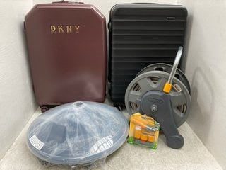 SUNNY THE SOLAR SHOWER TO INCLUDE HOZELOCK RETRACTABLE HOSE REEL , DKNY AND BASICS LARGE HARDSHELL TRAVEL SUITCASES IN BLACK AND DARK PURPLE: LOCATION - C17