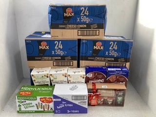 QTY OF ASSORTED CONSUMABLE ITEMS TO INCLUDE 4 X BOXES OF WALKERS MAX CHEESE AND ONION FLAVOURED POTATO CRISPS 24 X 50G BB: 11/24: LOCATION - D16