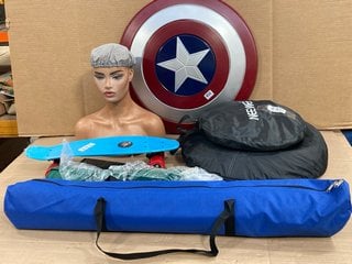 QTY OF ASSORTED CHILDRENS ITEMS TO INCLUDE MAKE UP MANAKIN AND CAPTAIN AMERICA ROUND SHIELD: LOCATION - D15