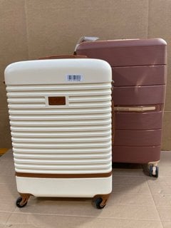 2 X ASSORTED MEDIUM SIZED HARDSHELL TRAVEL SUITCASES IN LIGHT BROWN AND CREAM: LOCATION - D13