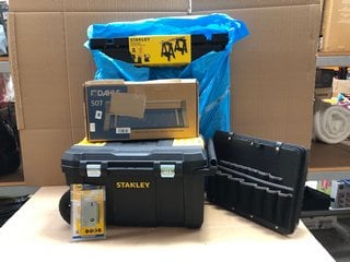 5 X ASSORTED TOOL ITEMS TO INCLUDE STANLEY ESSENTIAL WHEELED PLASTIC CHEST IN BLACK: LOCATION - A4